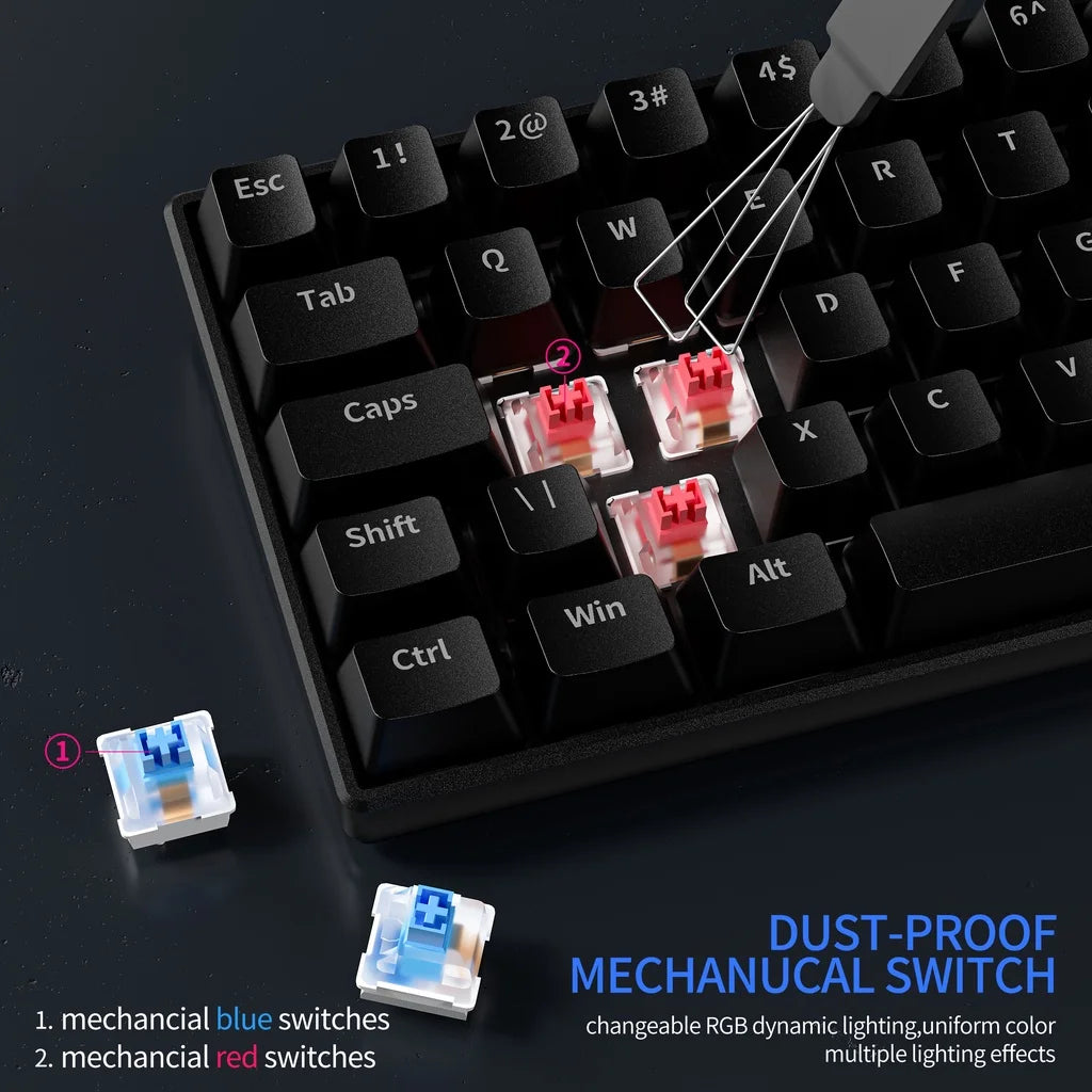 ZA646 Mechanical Keyboard 63 Keys Wired Gaming Keyboards Detachable USB Type-C Hot Swappable Mini Mechanical Keyboards