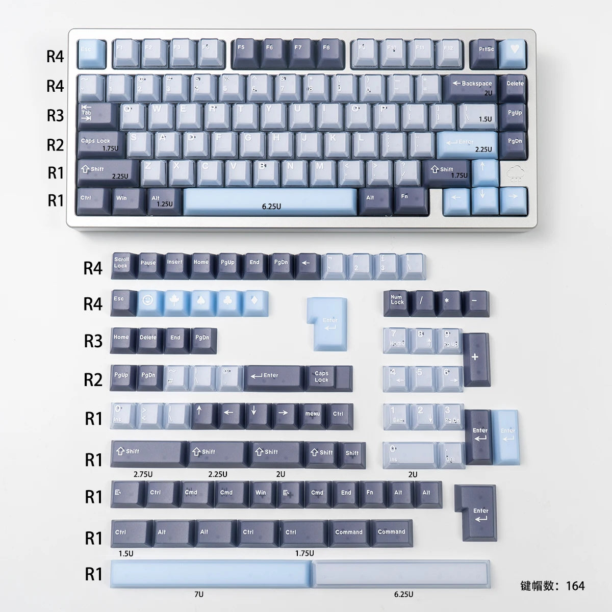 164 Keys Blue Translucent Keycaps PBT PC Double Shot Cherry Profile Large Set Keycaps for Alice Layout Mechanical Keyboard