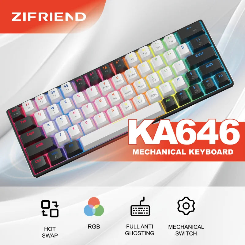 ZA646 Mechanical Keyboard 63 Keys Wired Gaming Keyboards Detachable USB Type-C Hot Swappable Mini Mechanical Keyboards