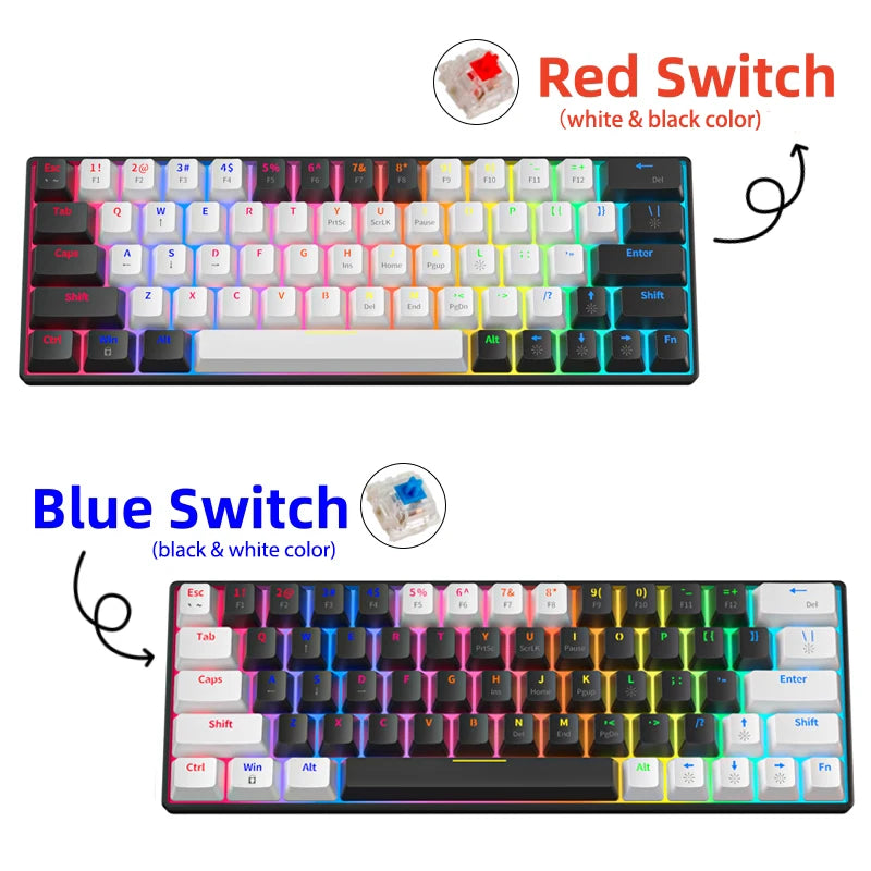 ZA646 Mechanical Keyboard 63 Keys Wired Gaming Keyboards Detachable USB Type-C Hot Swappable Mini Mechanical Keyboards